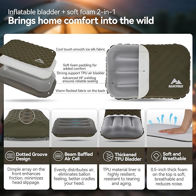MARCHWAY Inflatable Camping Pillow with Soft Foam Top & TPU Air Bladder, Dual-Sided Support for All-Season, Lightweight Compact Travel Pillow for Hiking, Backpacking, Airplane, Car (Green)