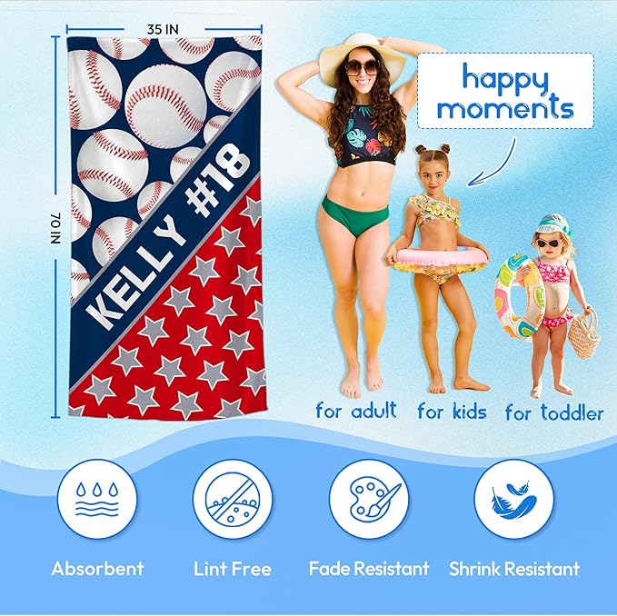 Personalized Beach Towel With Name, Custom Beach Towel with Text, Customized Microfiber Pool Towel, Quick Dry & Absorbent Swim Towel for Adult,Anniversary, Birthday, Summer Holiday,Vacation,Baseball