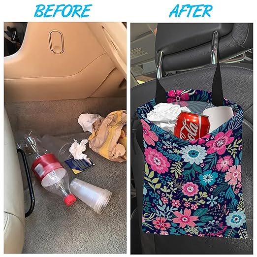 Car Trash Bag Hanging Tropical Flower Trash Can Waterproof Garbage Bag Hanging for Car Back Seat with Adjustable Straps and Drawstring for Car Accessories Vehicle Travelling