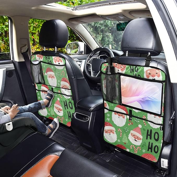 1 Pack Back Seat Car Organizer with Storage Pockets Kick Mats Back Seat Protector Hanging Car Organizer Automotive Seat Back Cover Organizers Bright Green Christmas Santa Claus