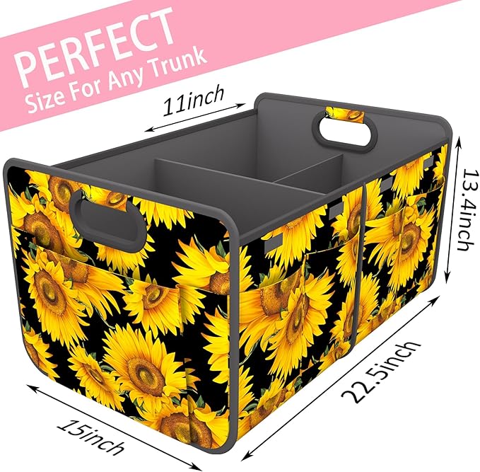Homeve Trunk Organizer, Car Storage, Reinforced Handles, Collapsible Multi-Compartment Car Organizers, Foldable, Waterproof, 600D Oxford Polyester (Sunflower, 2 Compart)