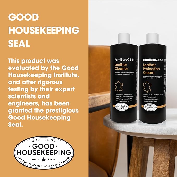 Furniture Clinic Large Leather Care Kit | Leather Cleaner + Conditioning Protection Cream for Furniture | Two 17oz Bottles + 1 Sponge & 1 Cloth | Restore Leather Couches, Car Seats, Jackets, & Boots
