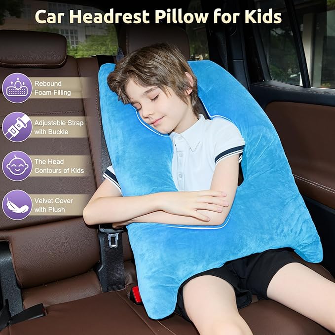 Car Pillow for Kids, Travel Pillow with Adjustable Strap, U-Shaped Pillow for Adults and Children to Support Head and Body Road Trip Essentials (Blue)