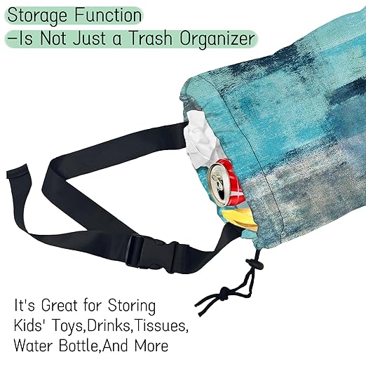 Abstract Art Car Trash Bag,Turquoise and Grey Hanging Drawstring Car Garbage Bag,Waterproof Canvas Car Back Seat Organizer with Adjustable Buckle,for Vehicles,SUVs,Camping,Road Trips
