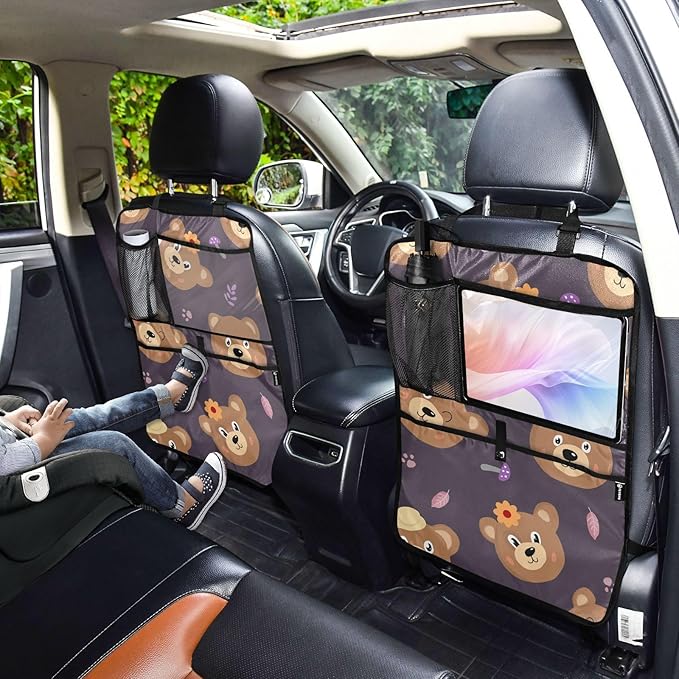 1 Pack Backseat Car Organizer with Storage Pockets Seat Back Organizers for Kids Kick Mats Backseat Protector Automotive Cute Bear Brown