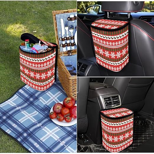1.2 Gallons Hanging Trash Can, Traditional Christmas Garbage Bags for Cars, Adjustable Hanging for Tail of Console/Back of Seats, Odor-Free with Zipper Leak-Proof Lid Design