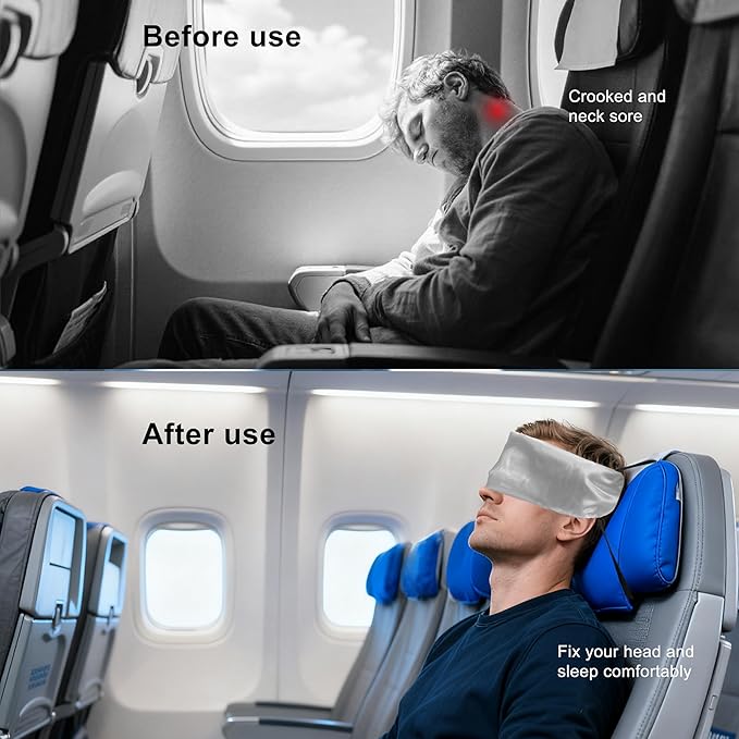 Travel Pillows for Airplanes, Airplane Head Strap with Silk Eye Mask for Sleeping, Long Flights & Car Road Trips 360°Headrest Neck Support, Stops Bobbing, Small & Compact (Gray)