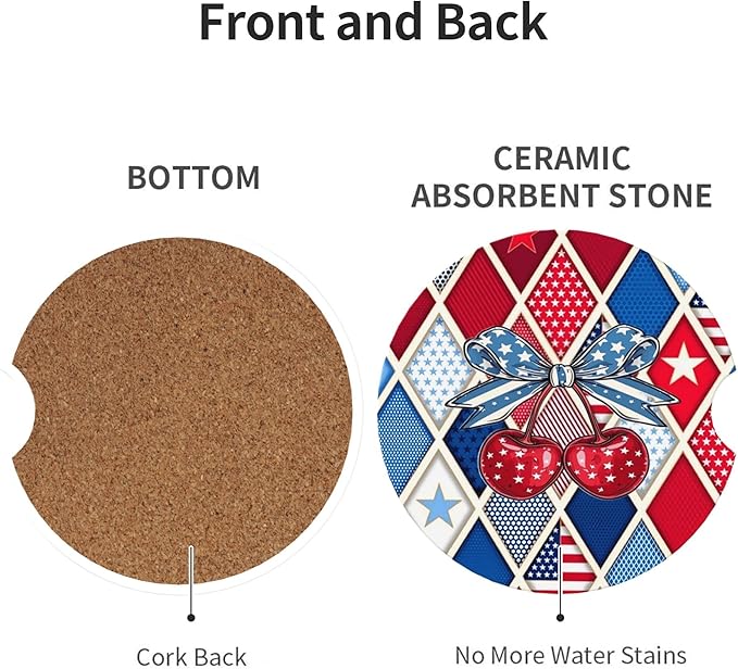 Absorbent Car Coasters for Cup Holders, 2 Pack Universal Anti Slip Ceramic Cup Coaster for Women Men 2.56 Inch Car Interior Accessories - Bow Tie Cherry Stars and Stripes 020