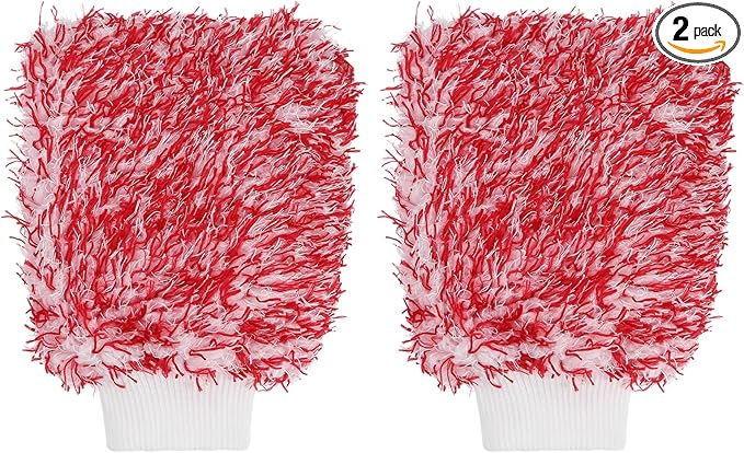 HARFINGTON 2pcs Chenille Microfiber Car Wash Mitts 10.2" x 6.7" Scratch Free Wash Gloves Absorbent Double Sided Plush Cleaning Drying Mitts for Car Washing Home, Red