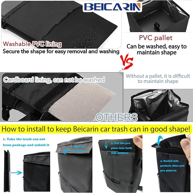 Car Trash Can with Lid - Trash Bag Hanging with Storage Pockets Leak-Proof SUV Organizer Collapsible and Portable Waterproof Truck Garbage Bin, 2.6 Gal Large Capacity Multipurpose Trash Bin for Van