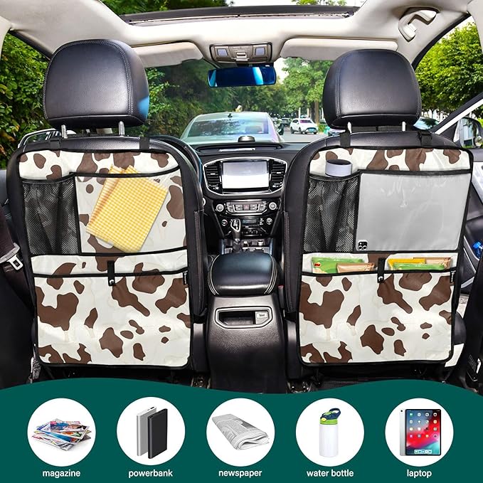 Brown Cow Print 1 Pack Backseat Car Organizer with Storage Pockets Seat Back Organizers for Kids Kick Mats Backseat Protector Automotive