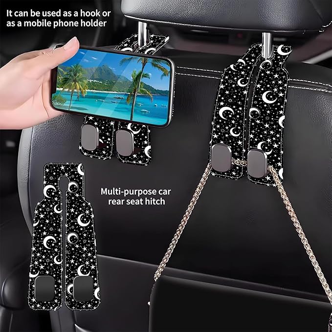1 Pack Car Seat Headrest Hooks for Purses and Bags White Stars and Moons Bag Purse Holder for Car with Double Metal Hooks Car Purse Hanger Hanging Accessories