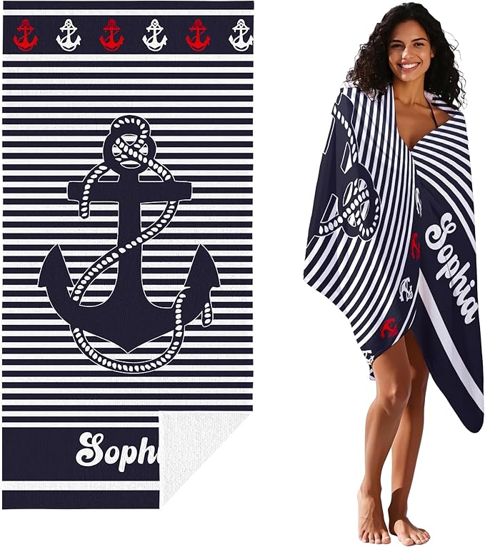 JML Personalized Beach Towel with Name, Custom Anchor Beach Towel, Customized Microfiber Pool Towel, Quick Dry & Absorbent Swim Towel for Adult,Anniversary, Birthday, Summer Holiday,Vacation