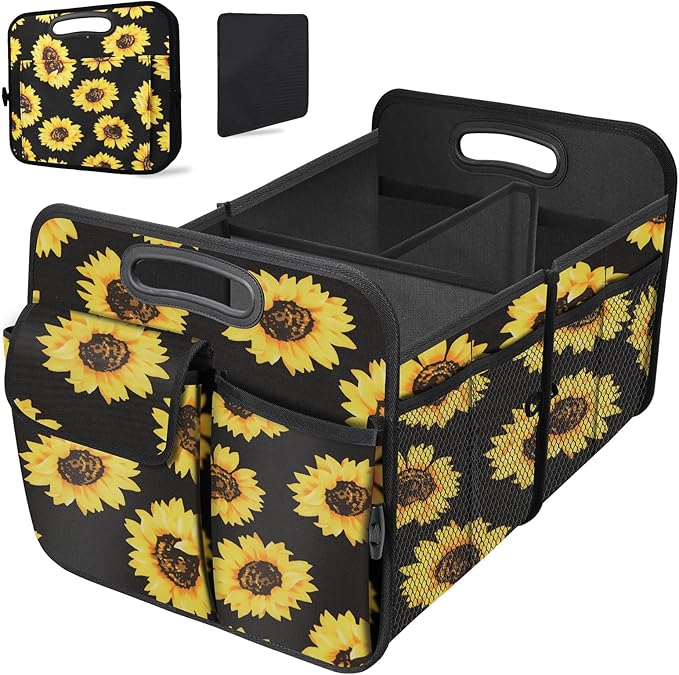 Trunk Organizer, Collapsible Trunk Organizers and Storage, Car Accessories for Women and Men, Multi-Compartment Trunk Storage Organizer for SUV, Car, Mini-Van - Sunflower