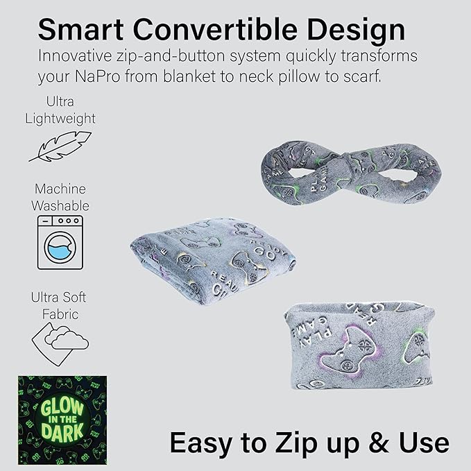 NAPRO Kids 3-in-1 Travel Blanket and Pillow Combo, Convertible Infinity Scarf, Lightweight Neck Support for Airplane, Car & Camping, Glow-in-The-Dark - Gamer