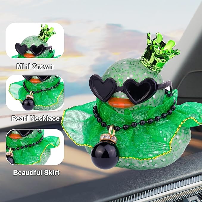 Rubber Duck Car Ornament, Whimsical Pink Heart-Shaped Dashboard Decoration with Mini Crown, Skirt, Necklace, Glasses