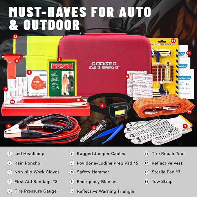 15PC Car Emergency Kit with Jumper Cables, Roadside Assistance Safety Kit for Auto & Truck, Includes Safety Hammers, Tow Strap, Warning Triangle, First Aid, Gifts for Young Men or Women,Red