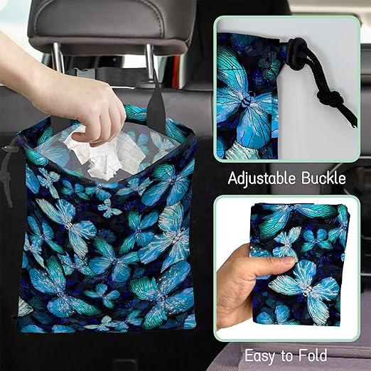 Blue Butterfly Car Trash Bag,Hanging Drawstring Car Garbage Bag,Waterproof Canvas Car Back Seat Organizer with Adjustable Buckle,for Vehicles,SUVs,Camping,Road Trips