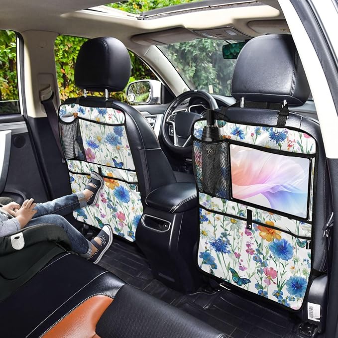 1 Pack Back Seat Car Organizer with Storage Pockets Kick Mats Back Seat Protector Hanging Car Organizer Automotive Seat Back Cover Organizers Watercolor Cornflower Daisy