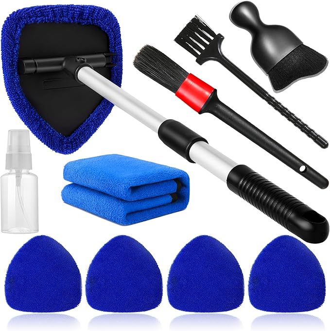 10pcs Windshield Cleaning Tool Inside Car Window Cleaner Wash Kit with 4 Reusable Microfiber Pads 1 Spray Bottle and Extendable Handle Interior Auto Glass Wiper Kit, Blue