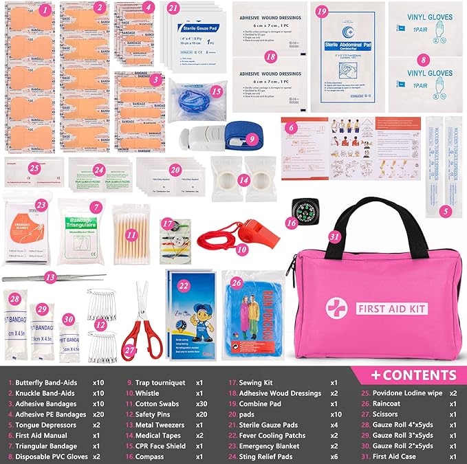 Car Emergency Kit with Portable Air Compressor - Roadside Assistance Emergency Kit with Jumper Cables, First Aid Kit, Auto Tool Set, Winter Safety Kit for Women, Men, Teen (Pink)