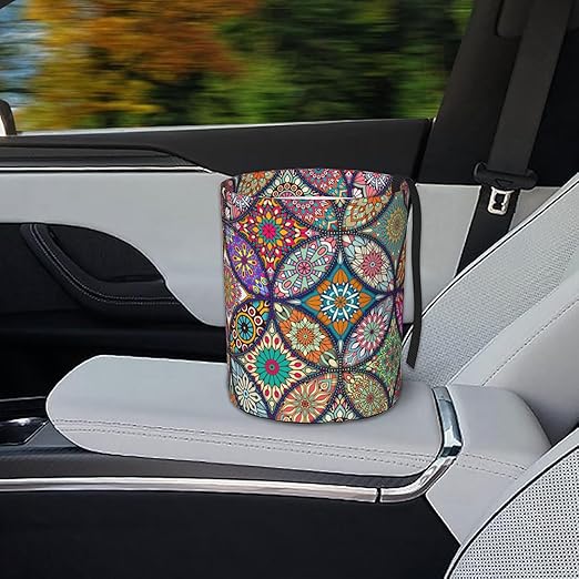 Car Trash Bag Vintage Mandala Floral Waterproof Trash Small Car Can Portable Collapsible Car Garbage Can Hanging for Back Seat Floor or Hanging Headrest Car Decor Road Trip Essentials