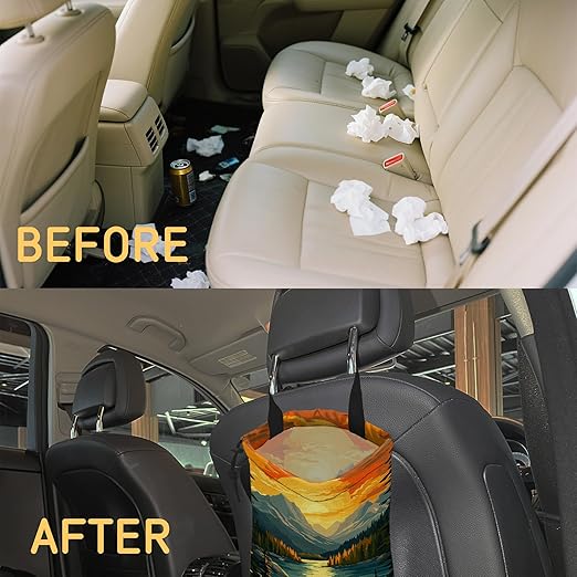 Lake in Mountains Car Garbage Bag, Small Car Trash Bag Hanging,Drawstring Car Garbage Bag with Adjustable Buckle for Car Back Seat,SUVs,Camping,Road Trips