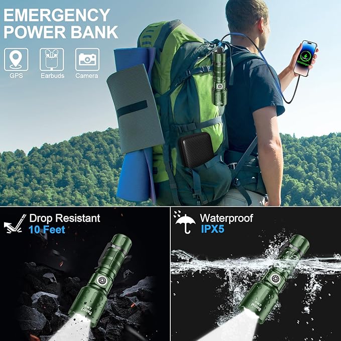 Banral Flashlights High Lumens Rechargeable, Super Bright Long Range Small Powerful Flashlight, 6 Modes LED Tactical Pocket Waterproof Flash Light for Home Emergency (1, Green)