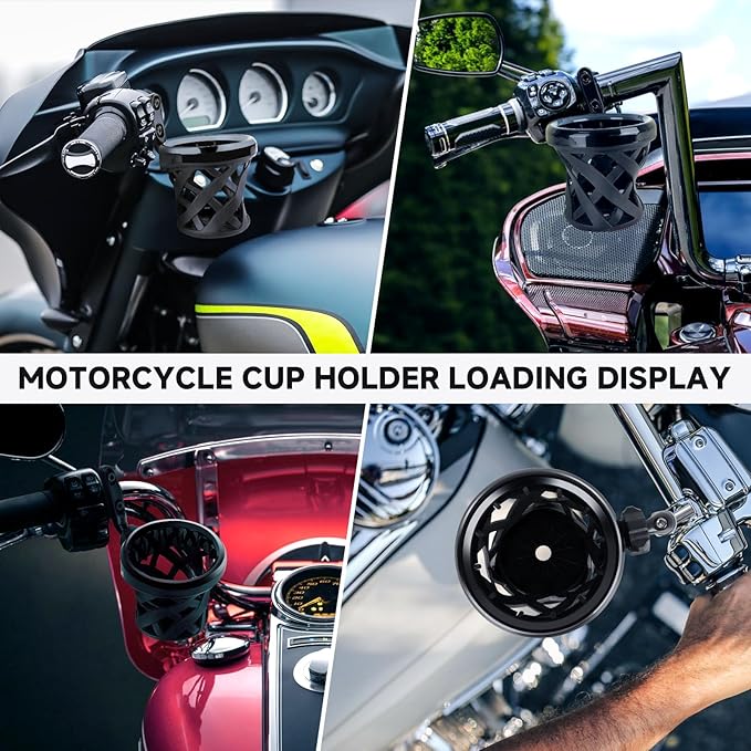 DREAMIZER Motorcycle Handlebar Drink Cup Holder Mount Water Bottle Holder with Mesh Basket Compatible with Harley Touring Road Glide Street Electra Glide Softail XL883 1200 1996-up, Black