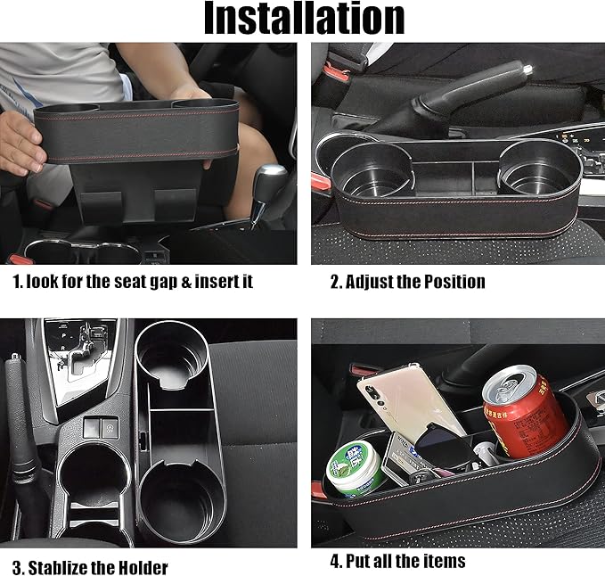 Car Cup Holder Expander Organizer,Multifunctional Cup Drink Holders with PU Leather Cover,Side Insert Center Console Seat Gap Filler Storage Box for Mug Bottle CellPhones Keys Coffee Coasters Cards