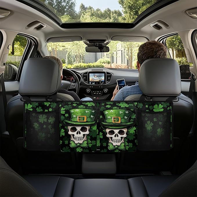CLOHOMIN St. Patrick's Day Car Trunk Organizer Skull Car Storage Bags Green Leaf Car Trunk Tool Organizer Collapsible Cargo Bag with 4 Pockets Car Decorative Accessories, Easy to Install