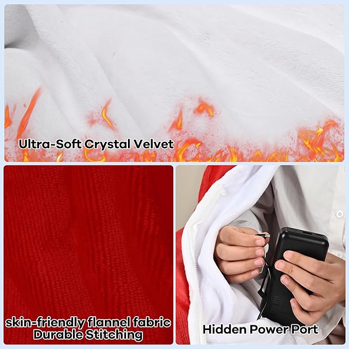 Wearable Heated Blanket with 20000mAh Power Bank, 11 Heating Zones, 3 Heat Levels, Timer, USB Powered, Machine Washable, for Camping, Office, Travel, Home Use (Christmas Red)