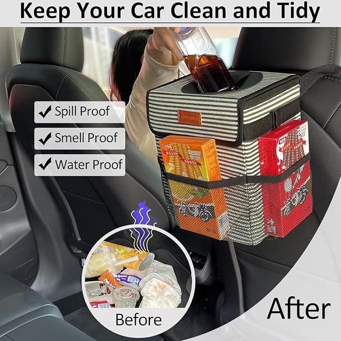 Car Trash Can Bin for Back Seat Leak Proof, Cute Car Trash Bag Hanging, Vehicle Trash Can for SUV Truck Van, Automotive Garbage Cans Front Seat Stripe