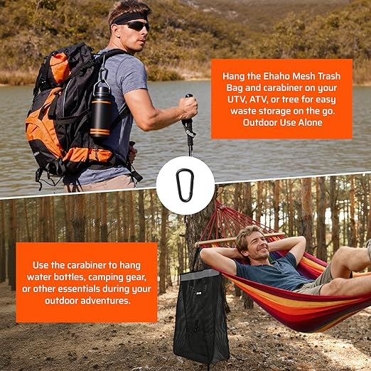 Ehaho UTV ATV Mesh Trash Bag with Reflective Strip, Universal Off-Road Trash Organizer, Large Mesh Sack with Carabiners, Fits Polaris RZR,Can-Am,CFMOTO,Arctic Cat,Pioneer,Golf Cart(Black)