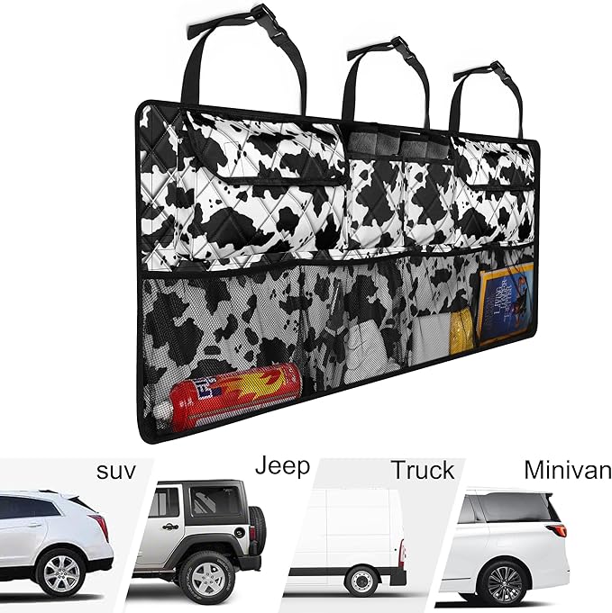 Femuar Car Trunk Organizer,Large Capacity Backseat Trunk Organizer(42"*18"),Collapsible Car Storage Bag with 8 Pocekt,SUV/MPV/Truck - Cow print
