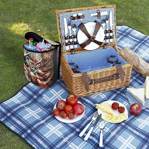 Camo Deer Car Trash Can with Lid Foldable American Flag Trash Bin for Car Interior Accessories Multipurpose Garbage Can Storage Organizer