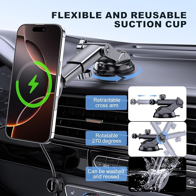 MOKPR Only for iPhone Magsafe Car Mount Charger, Magnetic Phone Holder for Your Car Charger Dash Windshield Vent Magnetic Wireless Car Charger Mount for iPhone 17 16 15 14 13 12
