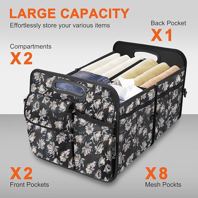 Trunk Organizer, Collapsible Trunk Organizers and Storage, Car Accessories for Women and Men, Multi-Compartment Trunk Storage Organizer for SUV, Car, Mini-Van - Floral