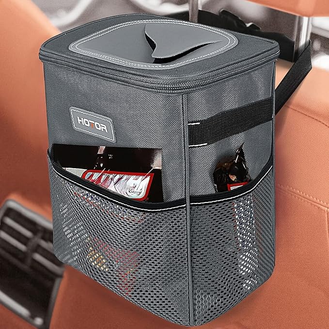 HOTOR Car Trash Can, Multifunctional Car Accessory for Interior Car Stuff Storage with Compact Design, Waterproof Car Organizer and Storage with Adjustable Straps, Magnetic Snaps, 2 Gallons, Gray
