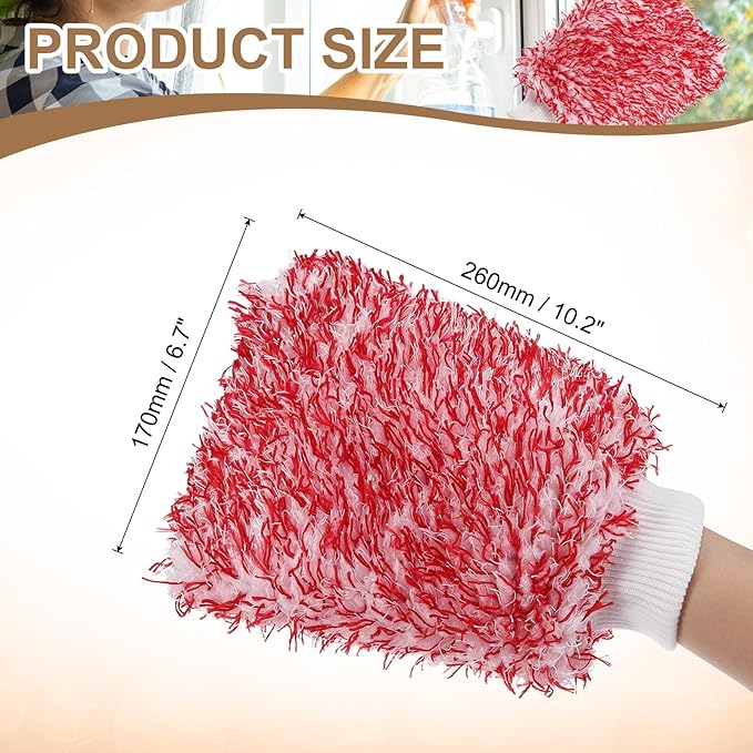 HARFINGTON Chenille Microfiber Car Wash Mitts 10.2" x 6.7" Scratch Free Wash Gloves Absorbent Double Sided Plush Cleaning Drying Mitts for Car Washing Home, Red