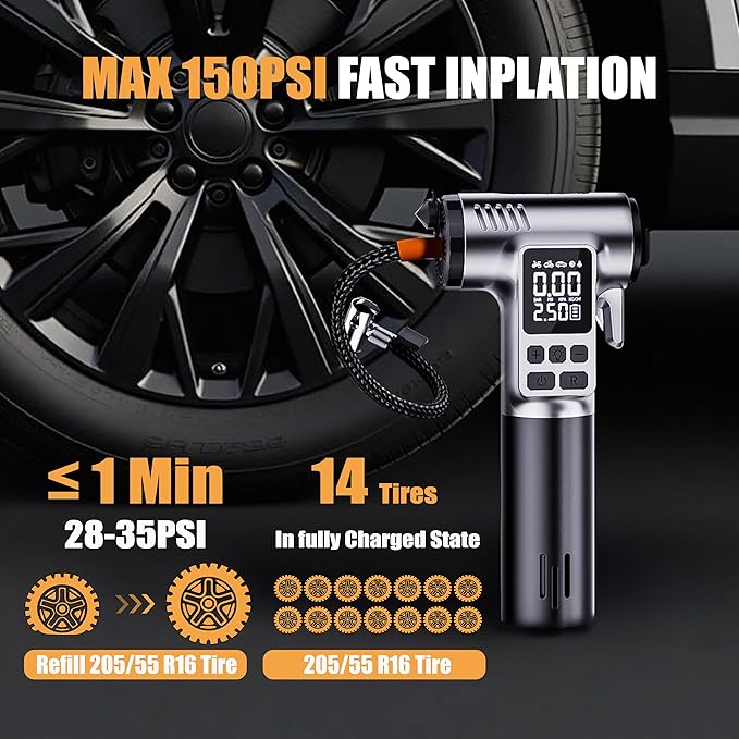 Tire Inflator Portable Air Compressor, 150PSI Pump with Digital Pressure Gauge & Auto Shut-Off for Car/Bike/Motorcycle Tires&Ball, with LED Light, Safety Hammer & Seatbelt Cutter Function