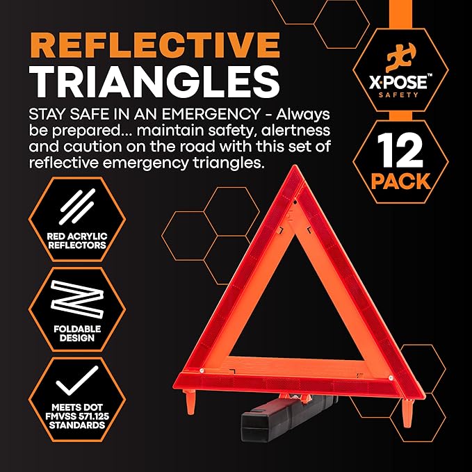 Xpose Safety Reflective Emergency Triangles – 12 Kits (36 Triangles) – DOT Approved Roadside Car Safety Warning Reflectors – Red & Orange Automotive Vehicle Hazard Visibility Markers