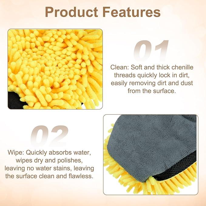 HARFINGTON 2pcs Chenille Microfiber Car Wash Mitts 9.8" x 7.9" Scratch Free Wash Gloves Absorbent Double Sided Plush Cleaning Drying Mitts for Car Washing Home Clean, Yellow