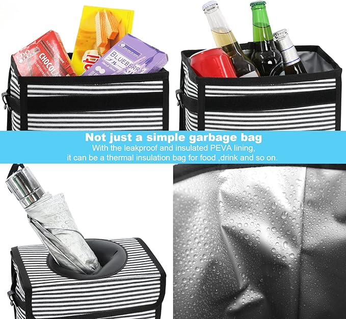 Femuar Car Trash Can with Lid - Leak Proof, Waterproof, Multipurpose Car Hanging for Headrest, Collapsible, Portable with Storage Mesh Pocket, Stripe