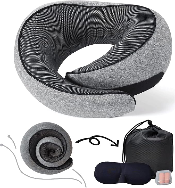 Neck Pillow for Traveling, Travel Neck Pillow for Airplanes, 100% Pure Memory Foam, 360° Support Stowable Pillows for Sleeping, Breathable & Washable Cover, Compact for Travel, Car & Office (Gray)