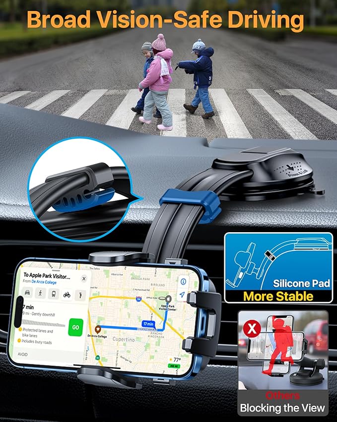 HTU Upgraded Strongest Suction Car Phone Holder Bendable Arm, Never Block View Rotatable Cellphone Mount for Dashboard Windshield Vent, Cradle Stand for iPhone 17 16 15 14 13 12 Pro Max (Black)