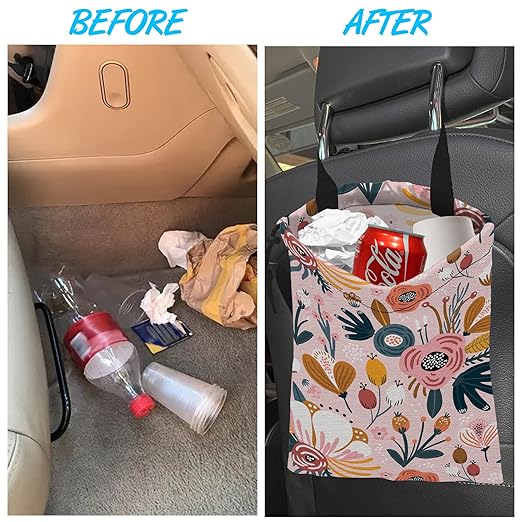 Car Trash Bag Creative Floral Car Garbage Bag Hanging Car Trash Can for Back Seat with Drawstring, Waterproof Garbage Bags for Car Accessories Vehicle Travelling Camping Outdoor
