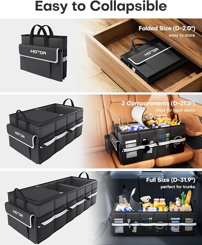 HOTOR Trunk Organizer - Car Organizer with Built-In Leakproof Car Cooler, Collapsible Trunk Organizer with Cooler for SUV, Sedan, with Base Panel (3 Compartments, Black), 35.4"×14.2"×10.6"