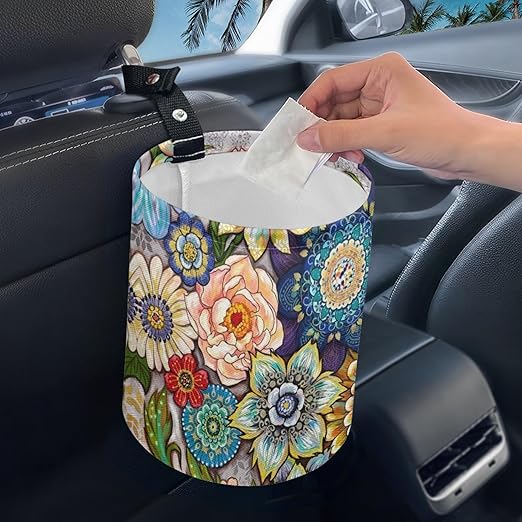 Cute Car Trash Bag, Hanging Car Organizer and Storage Bag, Trash Bin for Car Accessories, Vehicle, Travelling, Camping - Boho Blossom