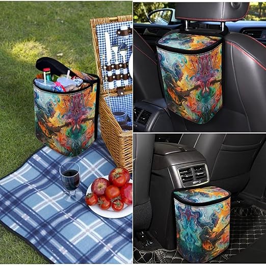 1.2 Gallons Car Trash Bin, Death Rock Print Trash Can for Truck, Adjustable Hanging for Tail of Console/Back of Seats, Odor-Free with Zipper Leak-Proof Design, Mini Size for Convenience